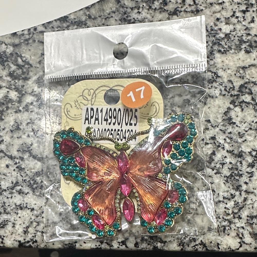 Elegant Butterfly Brooch with Pink and Green Accents